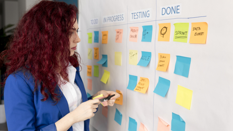 Frau plant mit Haftnotizen an einem Kanban-Board